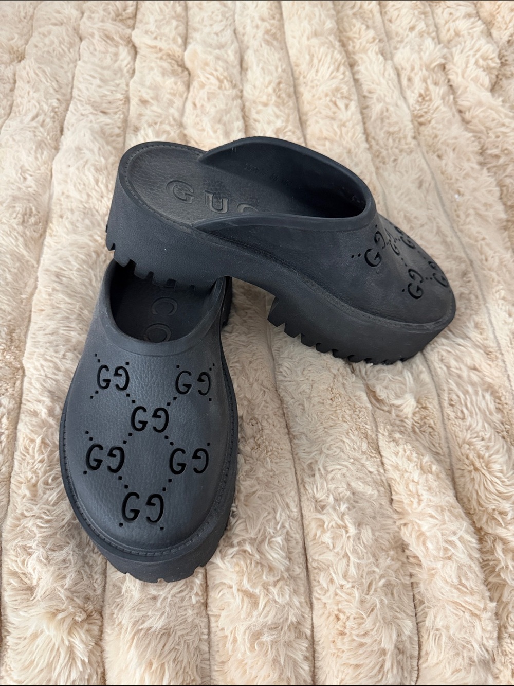 Gucci Black Perforated GG Platform Clog Mules